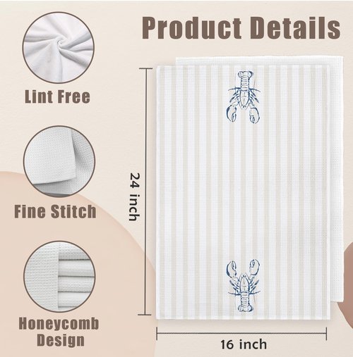 WUCHJ Lobster Beach Kitchen Towels, Nautical Coastal Striped Hand Towels for Bathroom, Beige Summer Beach Decorative Dish Tea Towels, Crawfish Boil Party Supplies, 16x24 Inch