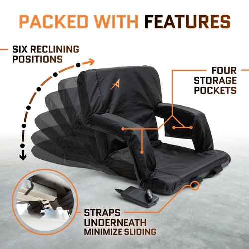 Aceletiqs Double Heated Stadium Bleacher Seat, 20-Inch Wide, Foam, Foldable, Cup Holders, Arm Rest, Reclining, Adjustable Backrest
