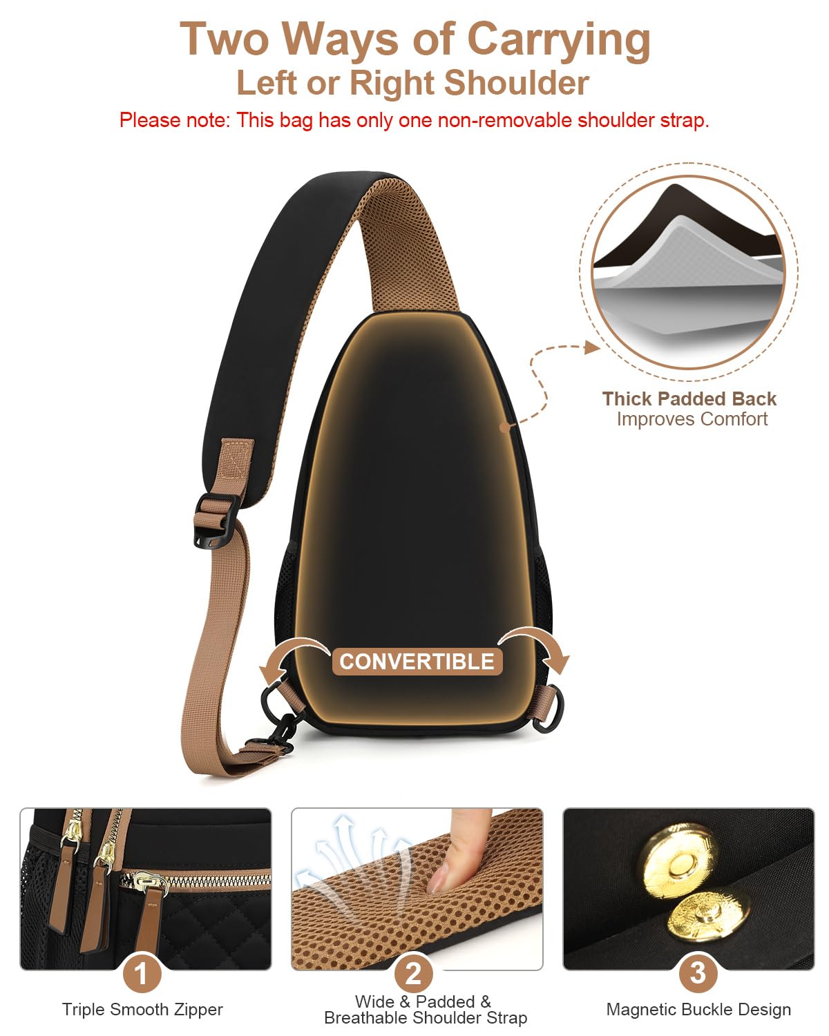 Capolo Sling Bag for Women Men Waterproof Crossbody Bags for Women Trendy Casual Fanny Pack with Convertible Shoulder Strap Chest Bag for Travel Hiking(Black, Large)