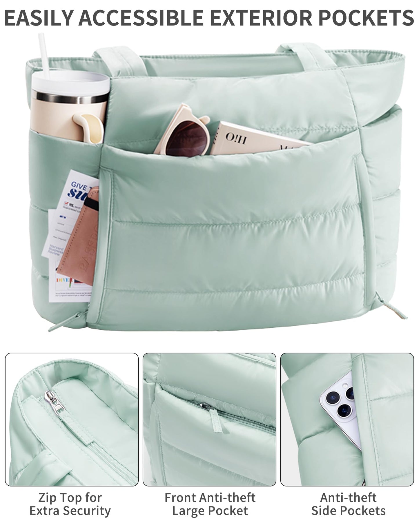 Bagstellar Puffer Tote Bag for Women, Lightweight Puffy Work Handbag Teacher Nurse Quilted Shoulder Bag for School Travel Gym