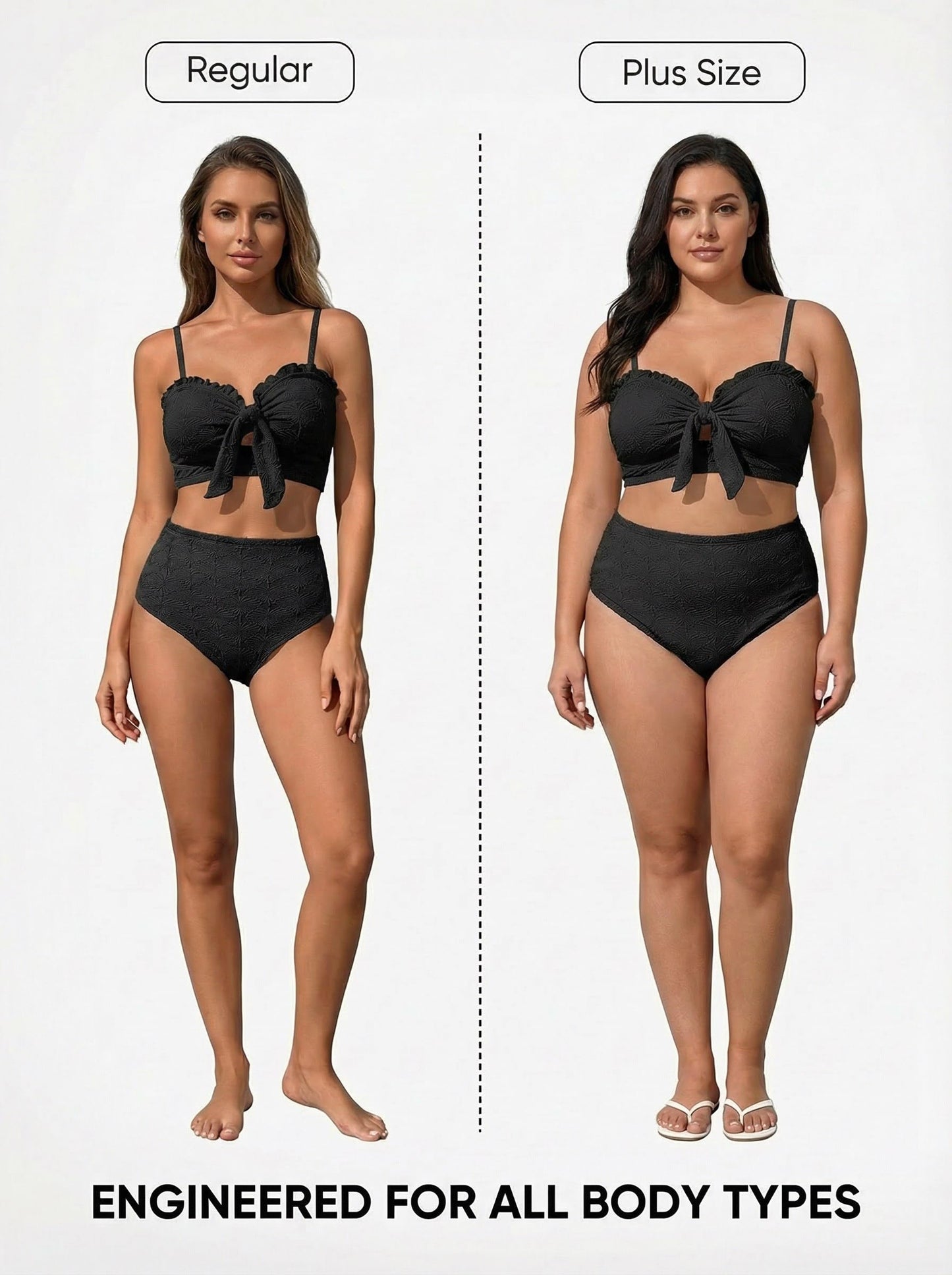 Herseas Women's Seashell Textured Black Bikini Sets Knotted Front High Waisted 2 Piece Swim Suit Ruffle Trim Slimming Bathing Suits Modest Cruise Essentials 2026 Medium