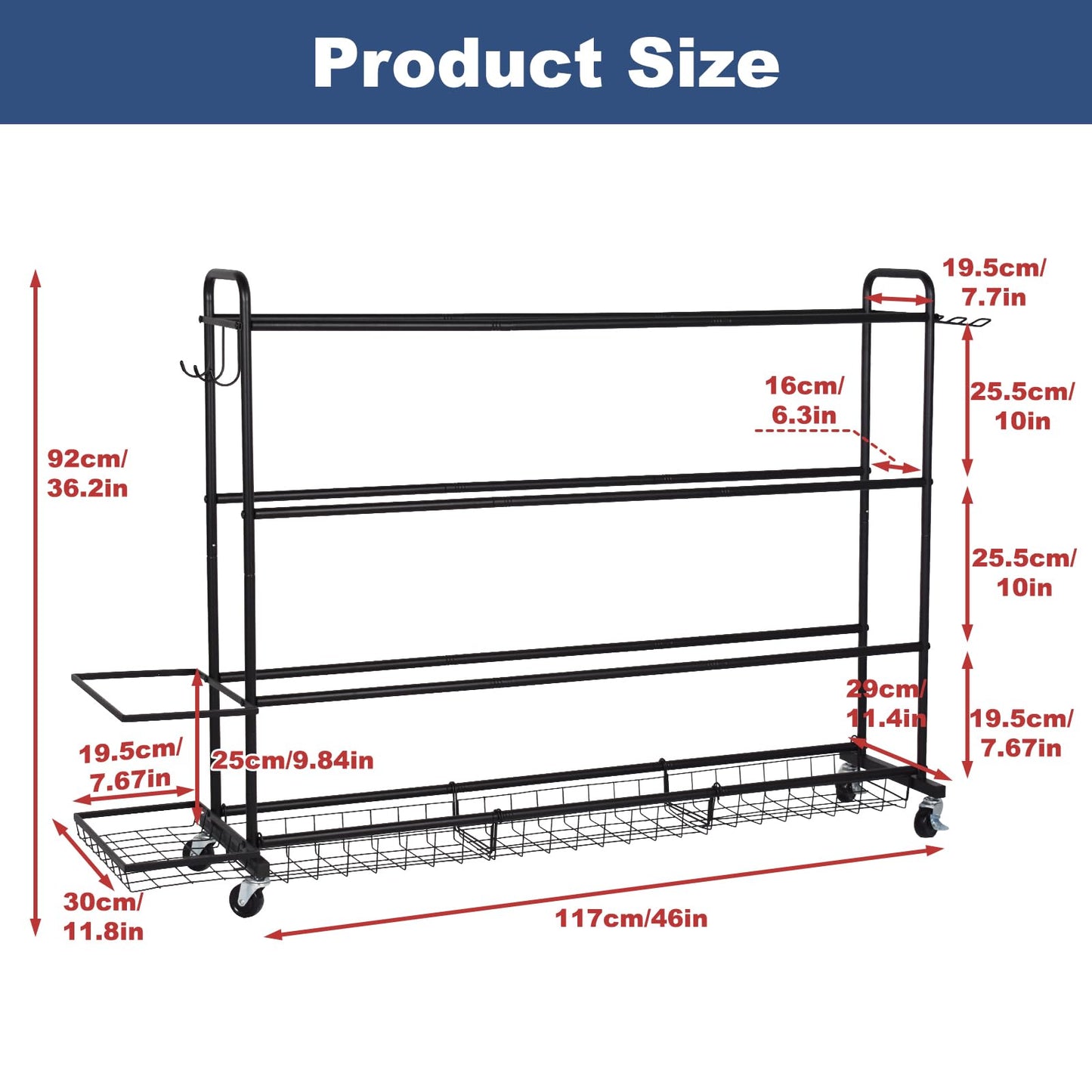 ELKCIP Basketball Rack, Shooting Training Rolling Ball Stand, Garage Organizer with Wheels, 4-Layer Sports Equipment Storage Holder with Baskets and Hooks for Soccer Baseball Footballs Volleyball