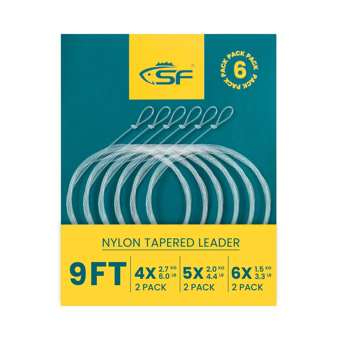 SF 6PCS Pre Tied Loop Fly Tapered Leader Nylon Fly Fishing Trout Leader Line 9FT-4X(2) 5X(2) 6X(2)