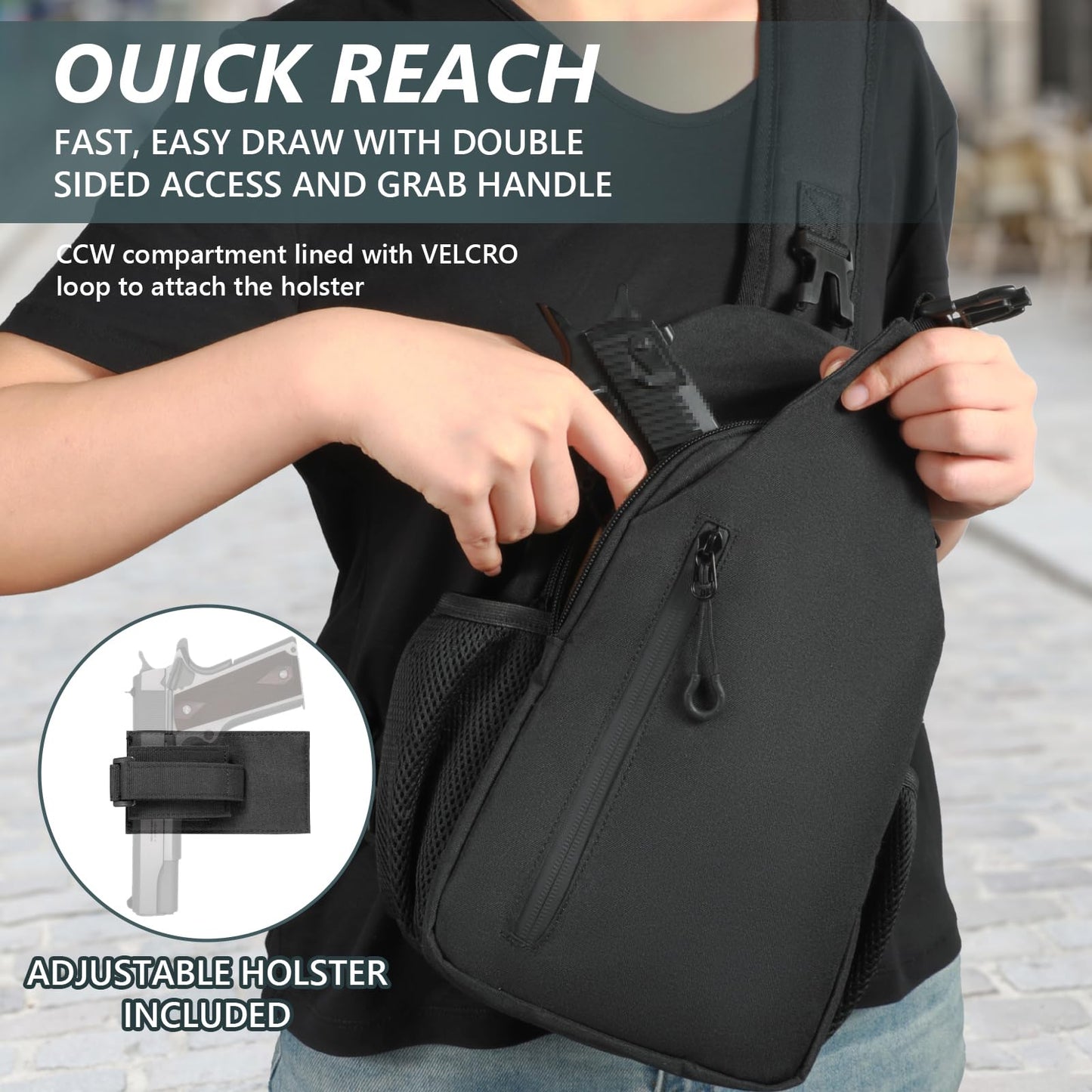 LarKoo CCW Sling Chest Bag - Tactical Crossbody Backpack for Concealed Carry with Hidden Holster Compartment | Mid-Zip Gun Pocket, Water-Resistant