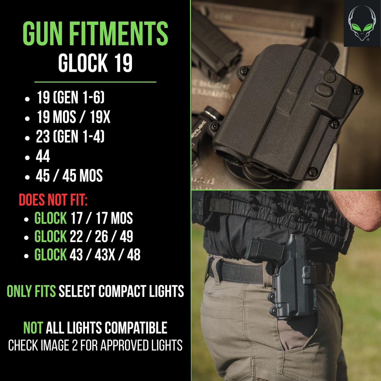 Alien Gear Rapid Force Level 2 Holster – Glock 19/19X/19 MOS/23 (Gen 1–4)/44/45/45 MOS – Right Hand – Compact Light – Locking Belt Slide – Optic Compatible – Made in USA
