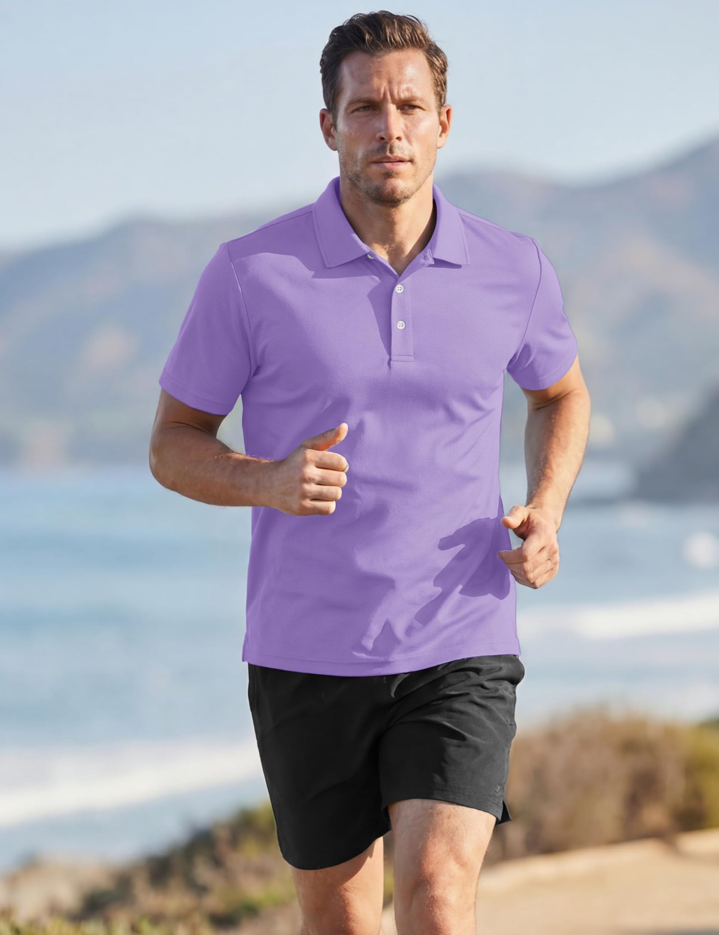 TACVASEN Mens Golf Shirt Dry Fit Mens Polo Shirts Short Sleeve Performance Golf Polos for Men with Collar Work Shirts Light Purple, L