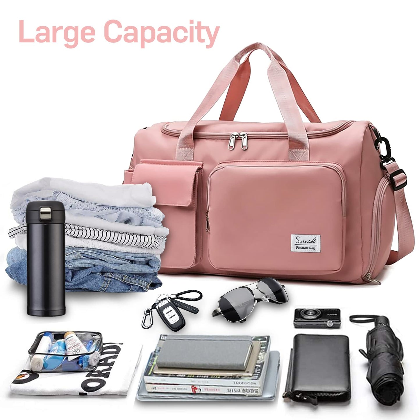 Suruid Sports Gym Duffel Bag with Shoes Compartment and Dry Wet Separated Pocket for Men and Women - Overnight Weekender Training Handbag Yoga Bag - Pink
