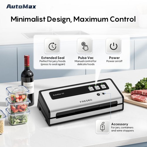 FRESKO Automatic Vacuum Sealer 95KPA Double Pump | Double Heat Seal for 8X Freshness | Pulse Vac Mode for Delicate Foods | Starter Kit with Bags 10-Pack