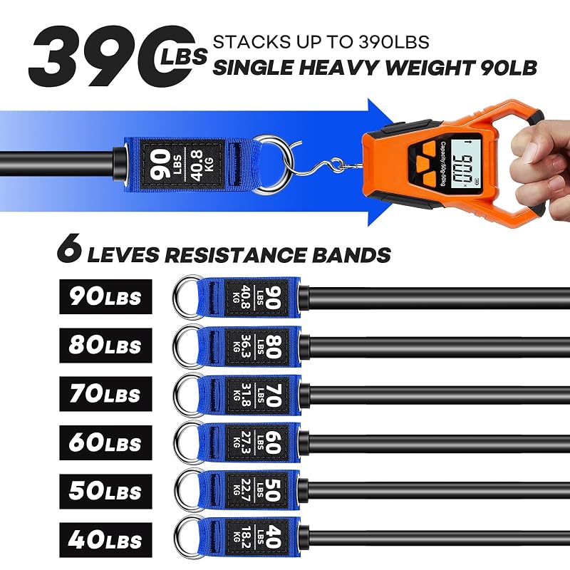 Heavy Resistance Band Set 390 lb with Handles – 6 Levels, Latex Exercise Tubes