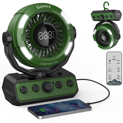 Gonex Camping Fan, Portable Fan Rechargeable 20000mAh Battery Powered Variable Speed Control Desk Fan with Light & Remote for Camping, Travel, Bedroom, Home, Fishing, Jobsite - Green