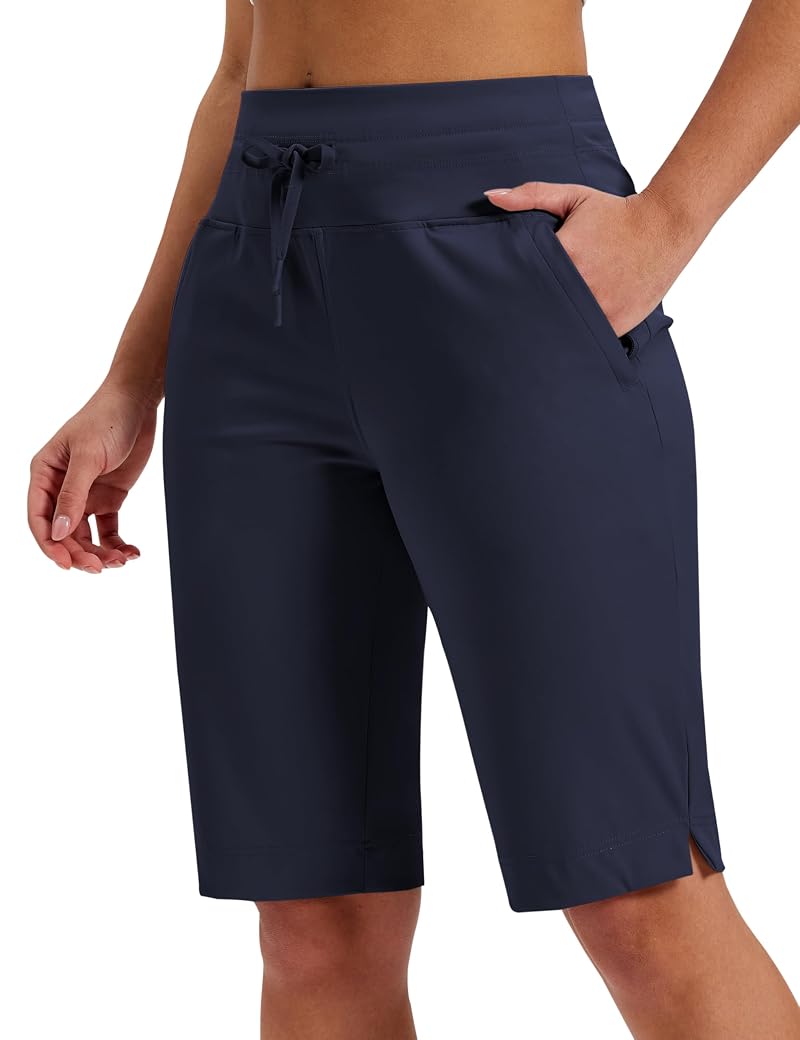 MoFiz Navy Blue 12'' Bermuda Running Shorts with 2 Zipper Pockets – High Rise, Large