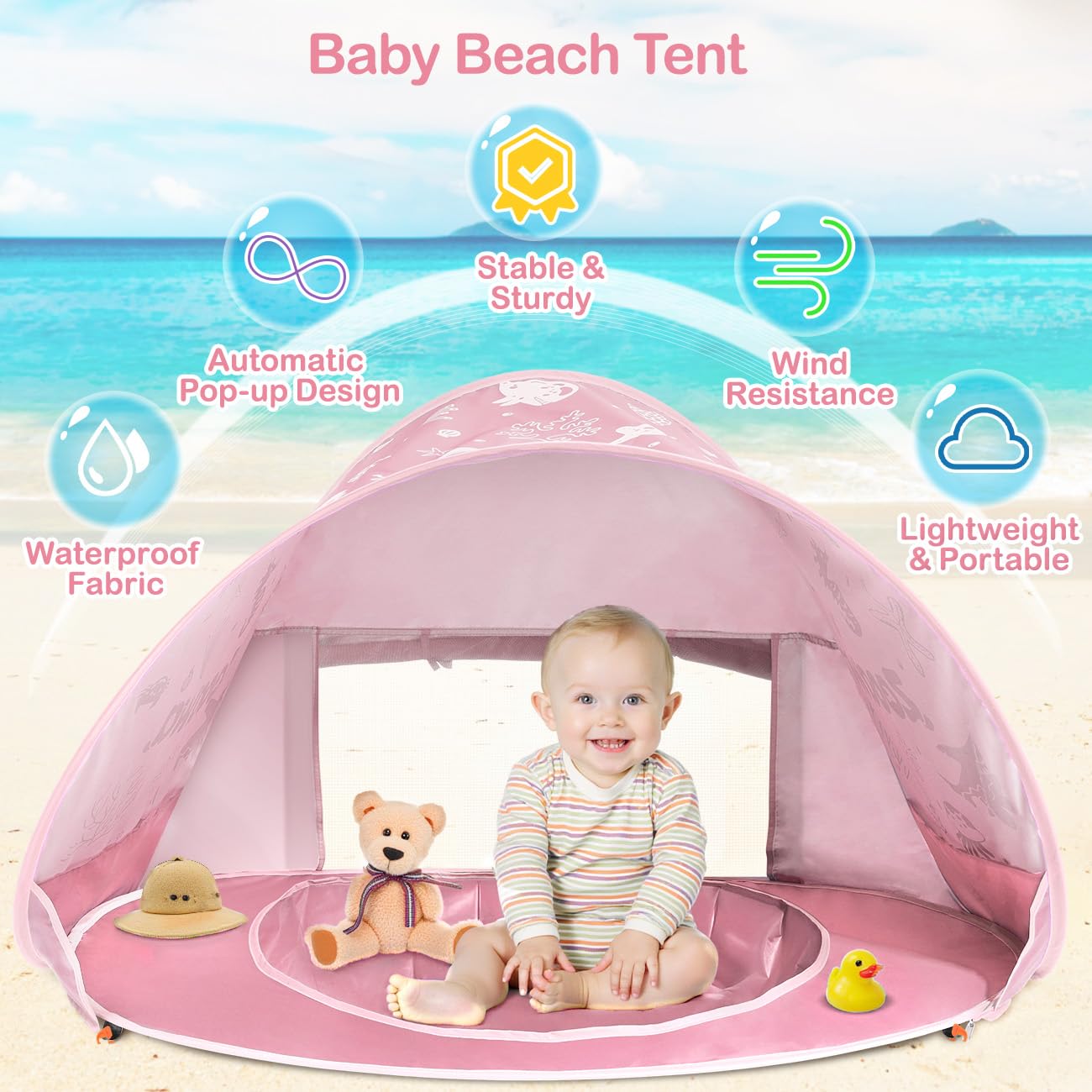 Zooawa Baby Beach Tent, Pop Up Beach Tent Sun Shade, Portable Shade Pool UV Protection Sun Shelter for Infant with Sand Toys Set, Light Pink