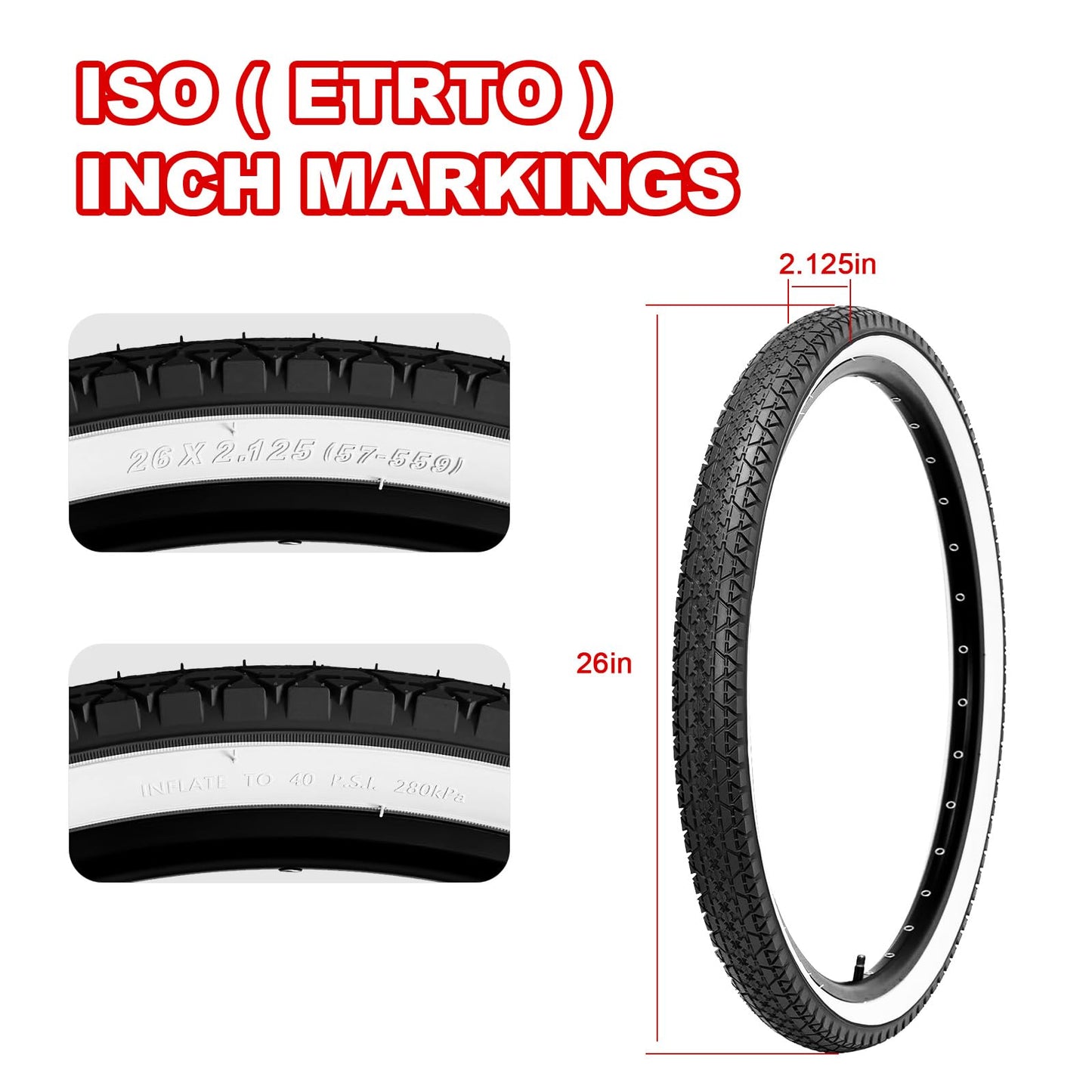 2-Pack Bike Tire, 26x2.125 Inch Folding Replacement Bicycle Tires and Pair 26-inch Inner Tubes with Tire Levers for Beach Cruiser Urban City Commuter Bike - White Walled (Black)