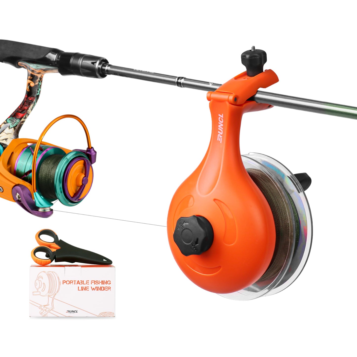 RUNCL Fishing Line Spooler – Portable Winder & Reel Spooling Tool for Casting and Spinning Reels, Prevents Line Twist, Non-Slip Handle with Built-in Scissors, Fishing Accessories for Anglers