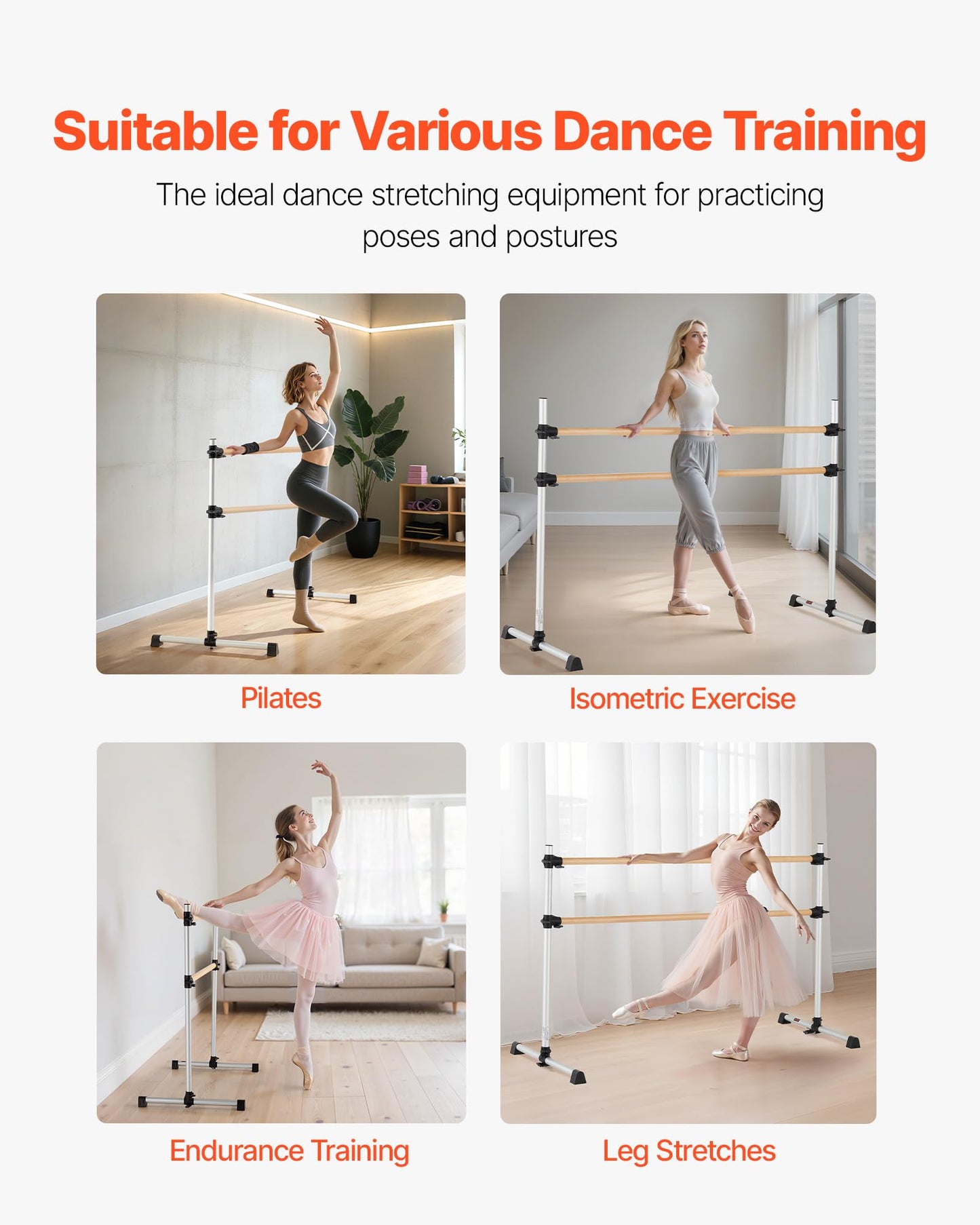 VEVOR Ballet Barre, 6 Ft Double Beechwood Barre Bar for Home, Freestanding Portable Ballet Stretching Dance Bars, Height Adjustable Anti-Wobble Fitness Gym Equipment, for Pilates Balance Workout