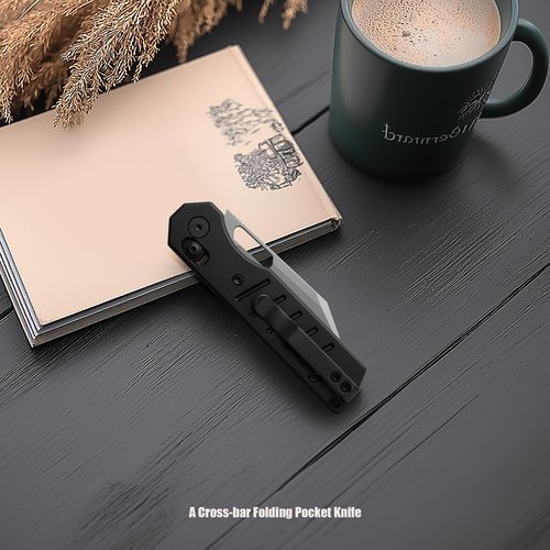 M Miguron Gatov Folding Knife 2.81" Sandblasted D2 Blade Black PVD Aluminum Handle With Deep Steel Pocket Clip Camping Hiking Pocket Knife MGR822ABK