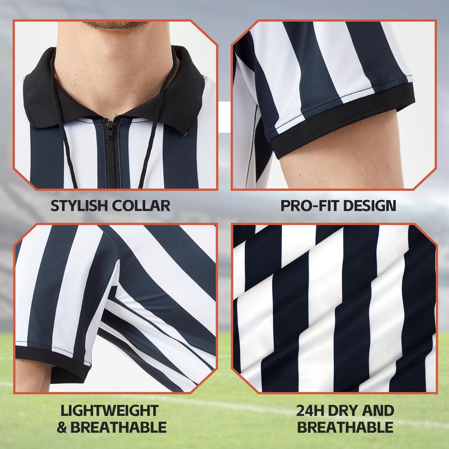 Referee Shirt for Men & Women, 4-Piece Ref Uniform Set with Zipper Collar, Whistle, Hat & Penally Flag for Football & Soccer (Large)