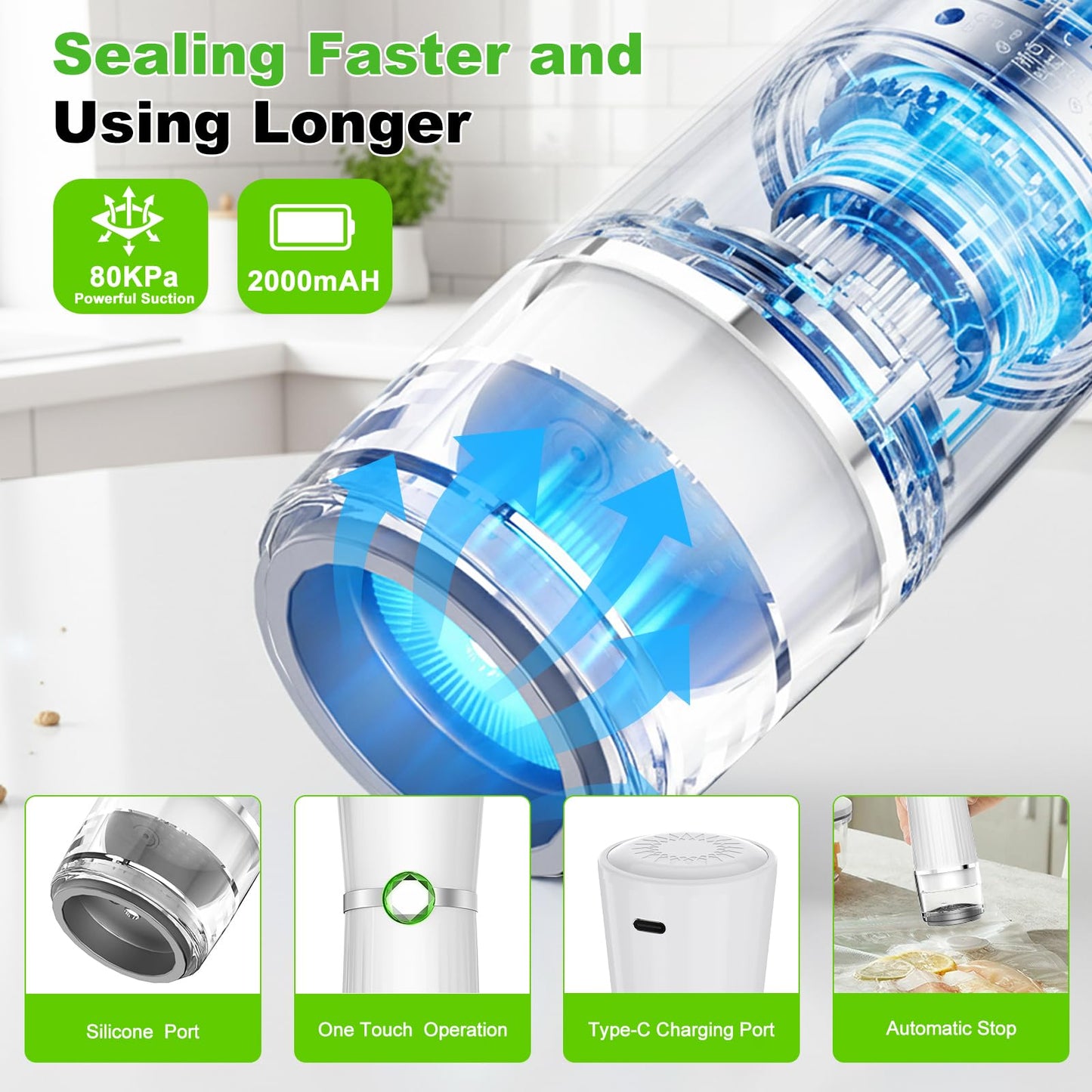 Jexqizy Vacuum Sealer for Food (Compact Vacuum Sealer Machine + 40 Reusable Vacuum Bags), Handheld Vacuum Food saver for 10X Preservation & Fresh, Powerful 80Kpa Portable Vacuum Sealer