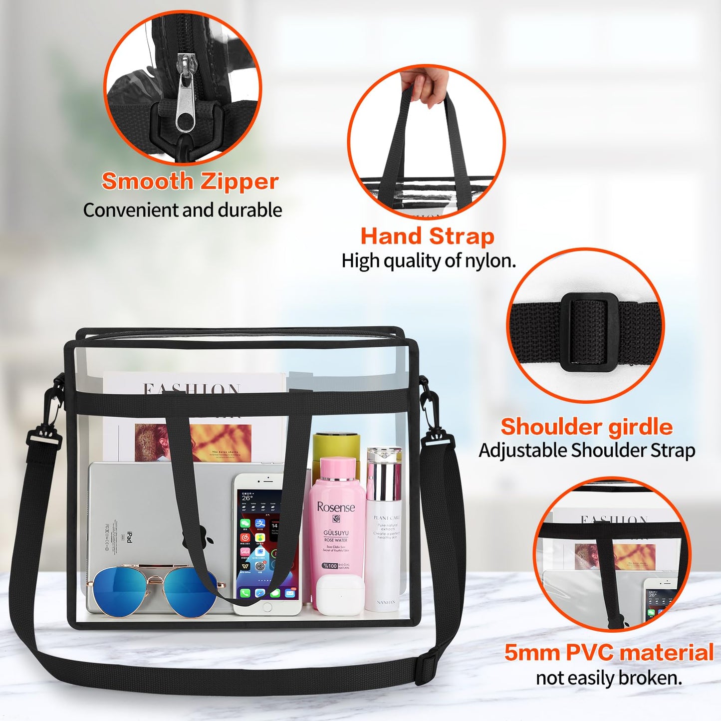NATURAL STYLE Clear Tote Bag Stadium Security Approved, See Through Clear Handbag Purse Bag for Work, Beach, Stadium, Makeup, Cosmetics