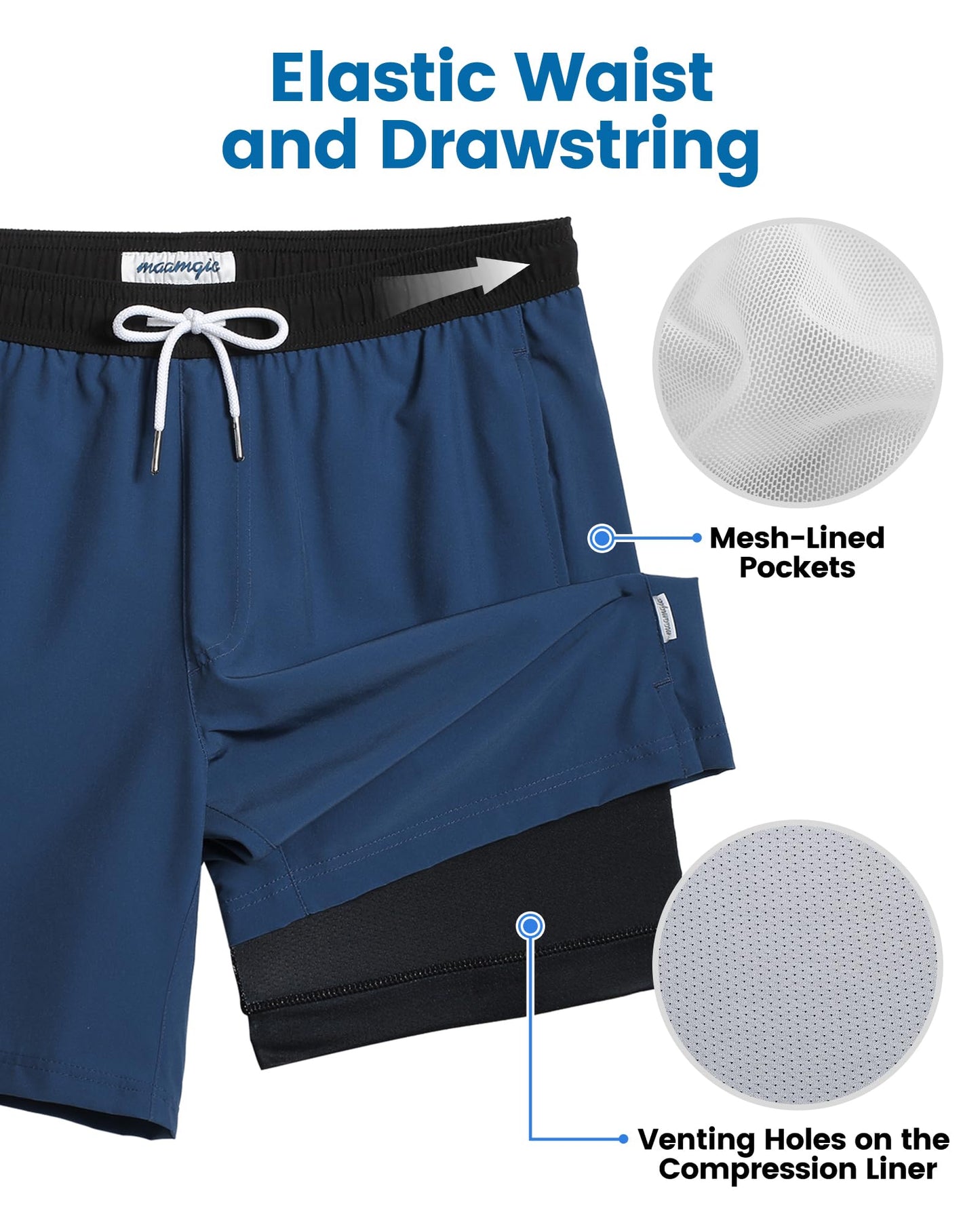 maamgic Mens Swim Trunks with Compression Liner 7 Inch Inseam Mens Bathing Suit Quick Dry Swimming Trunks Swimsuit Blue Grey and Black X-Large