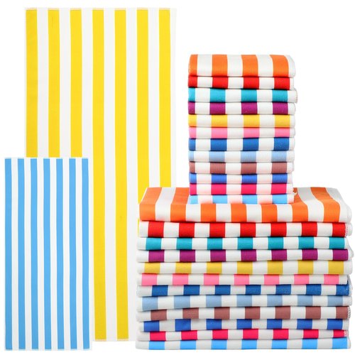 Xinnun 24 Pack Microfiber Beach Towels Bulk 28 × 55 Inch Striped Bath Towel and 14 × 30 Inch Hand Towel Set Quick Dry Pool Towels Swim Blanket for Shower Beach Pool Sports Gym Bathroom Camping Travel