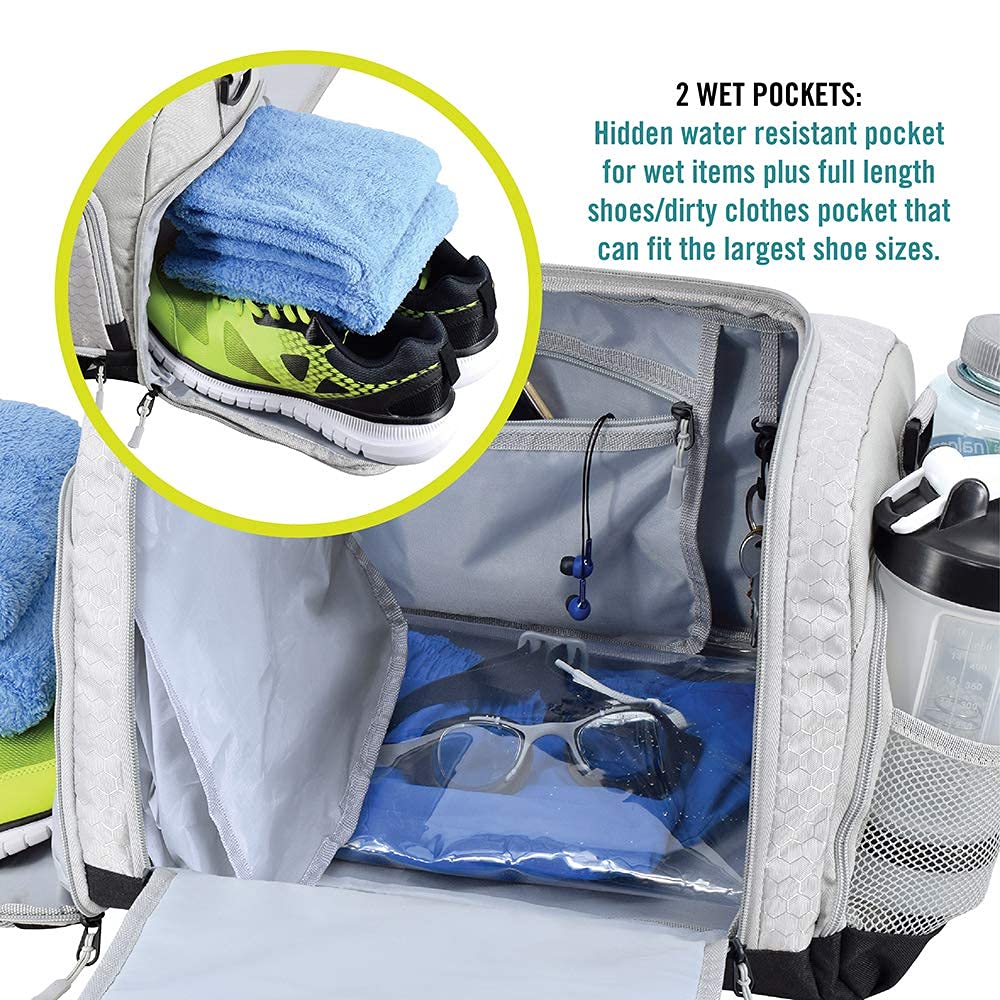 Ultimate Gym Bag 2.0: The Durable Crowdsource Designed Duffel Bag with 10 Optimal Compartments Including Water Resistant Pouch (Silver, Small (15"))
