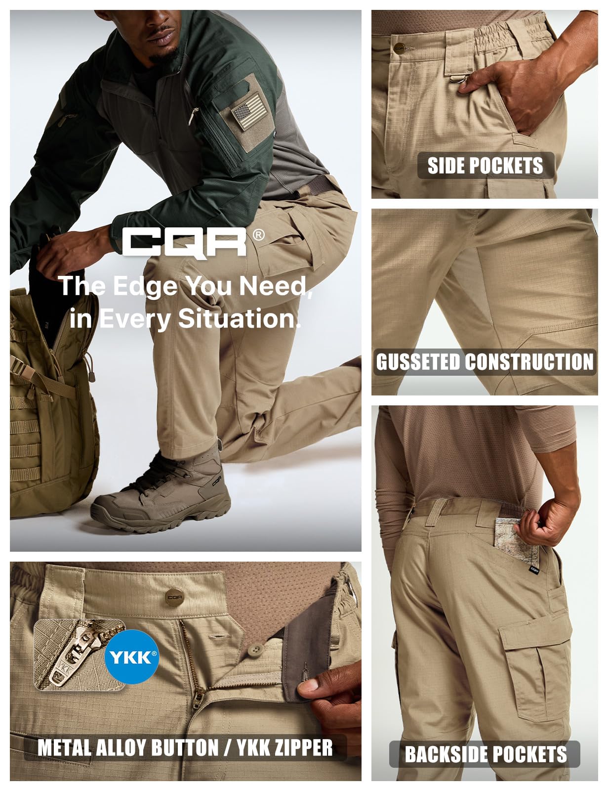 CQR Men's Tactical Pants, Water Resistant Ripstop Cargo Pants, Lightweight EDC Work Hiking Pants, Outdoor Apparel, Raider Mag Pocket Khaki, 46W x 30L