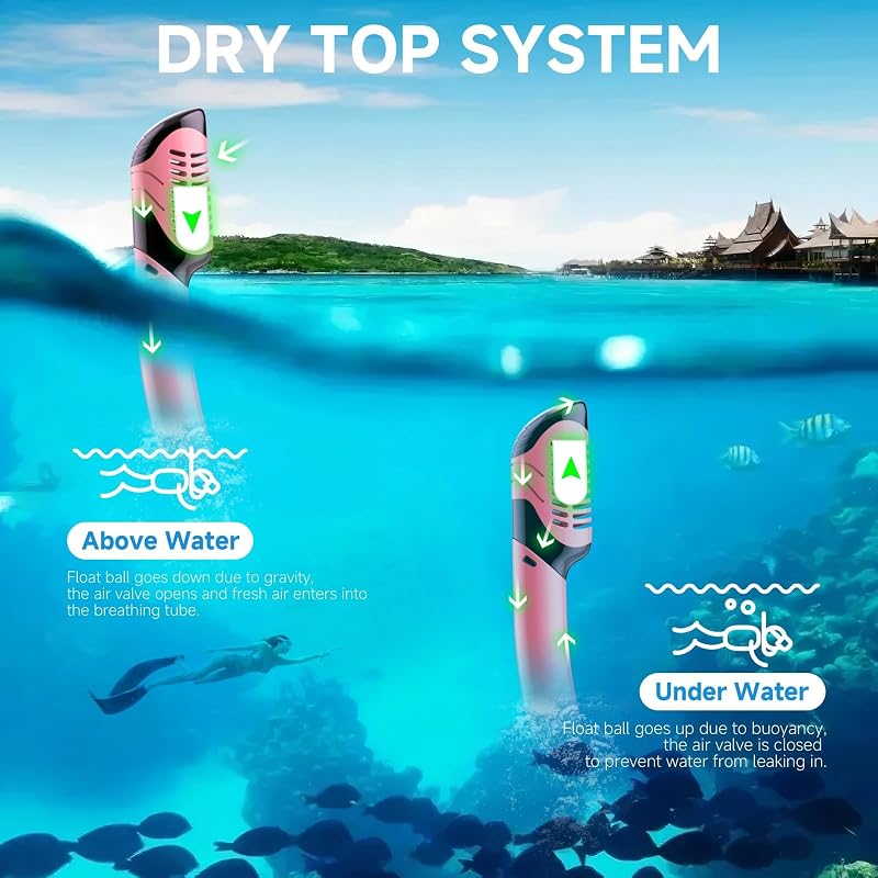 Qheng 180° Panoramic Snorkeling Mask & Dry Top Snorkel Set - Black+Pink