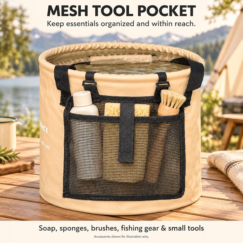 Freegrace 23L Collapsible Water Bucket with Lid – Khaki, With Lid, Portable Camping Wash Basin
