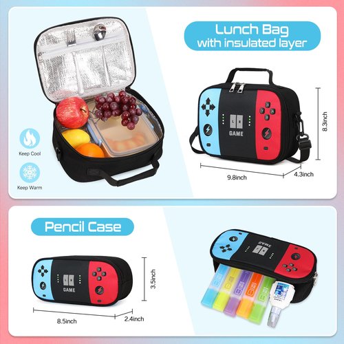 Gamer Backpack for Boys , 3PCS Boys Backpack with Lunch Box & Pencil Pouch, Waterproof School Bags for Boy Kids Children Teens, Elementary Middle School, Kids Book Bag Casual Daypack (Red Black)