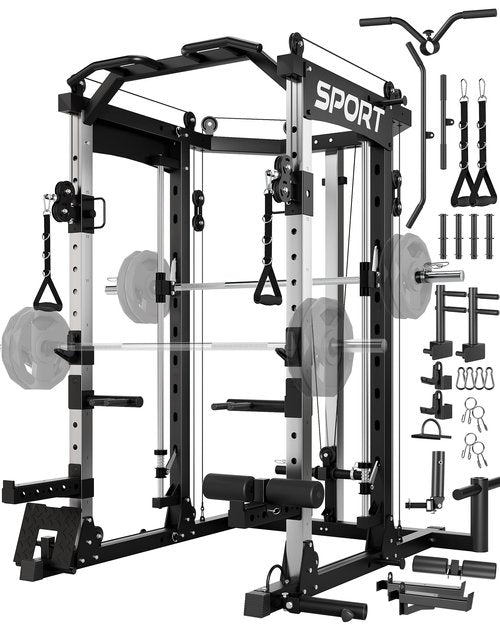 GarveeLife Smith Machine Home Gym, 2200LBS Squat Rack Power Cage, All in One Home Gym Workout Station with Smith Bar, LAT Pull-Down, Cable Crossover System and More Attachments