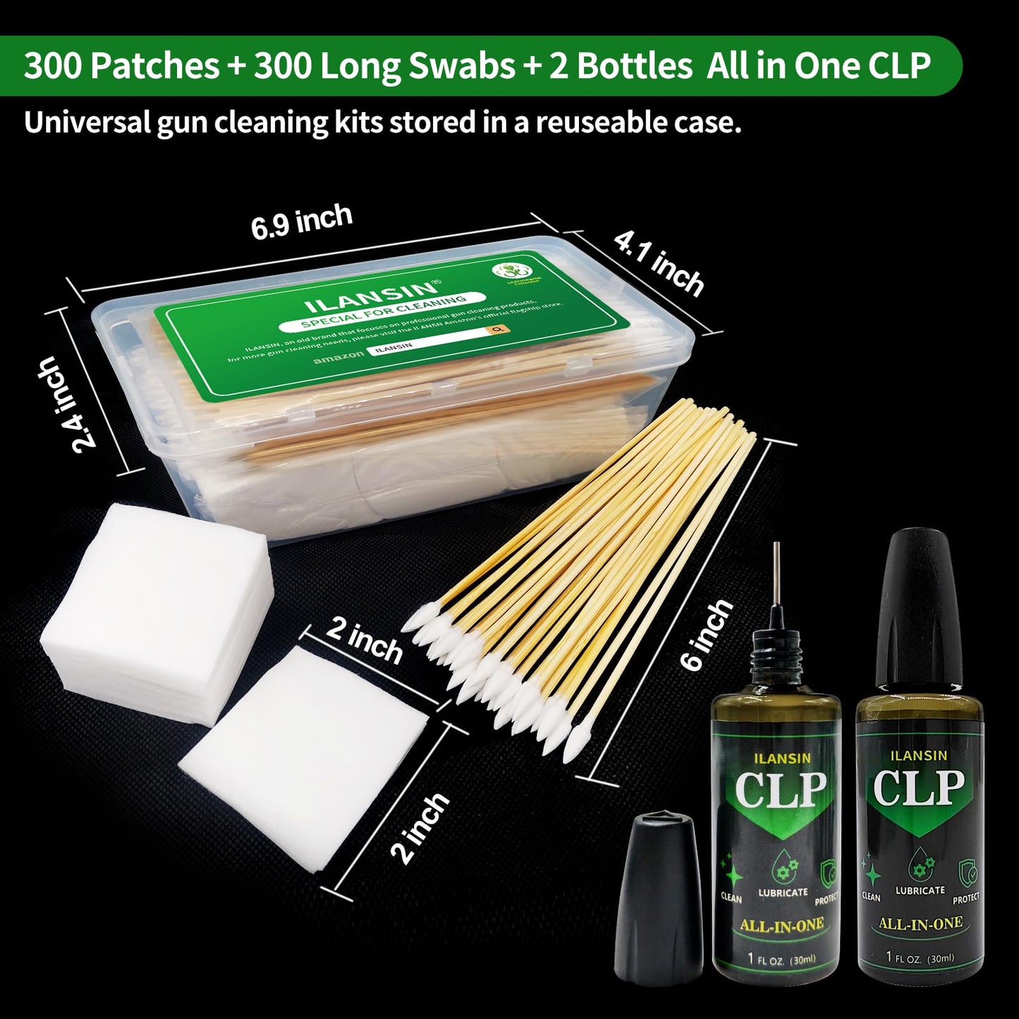ILANSIN Gun Cleaning Patches+ Gun Cleaning Swabs+ CLP Oil, All in One Gun Lubrication,6" Long Cotton Swab,Lint Free Gun Cleaning Cloth, Fit All Caliber Firearms,Gun Cleaning Supplies Storage in Box