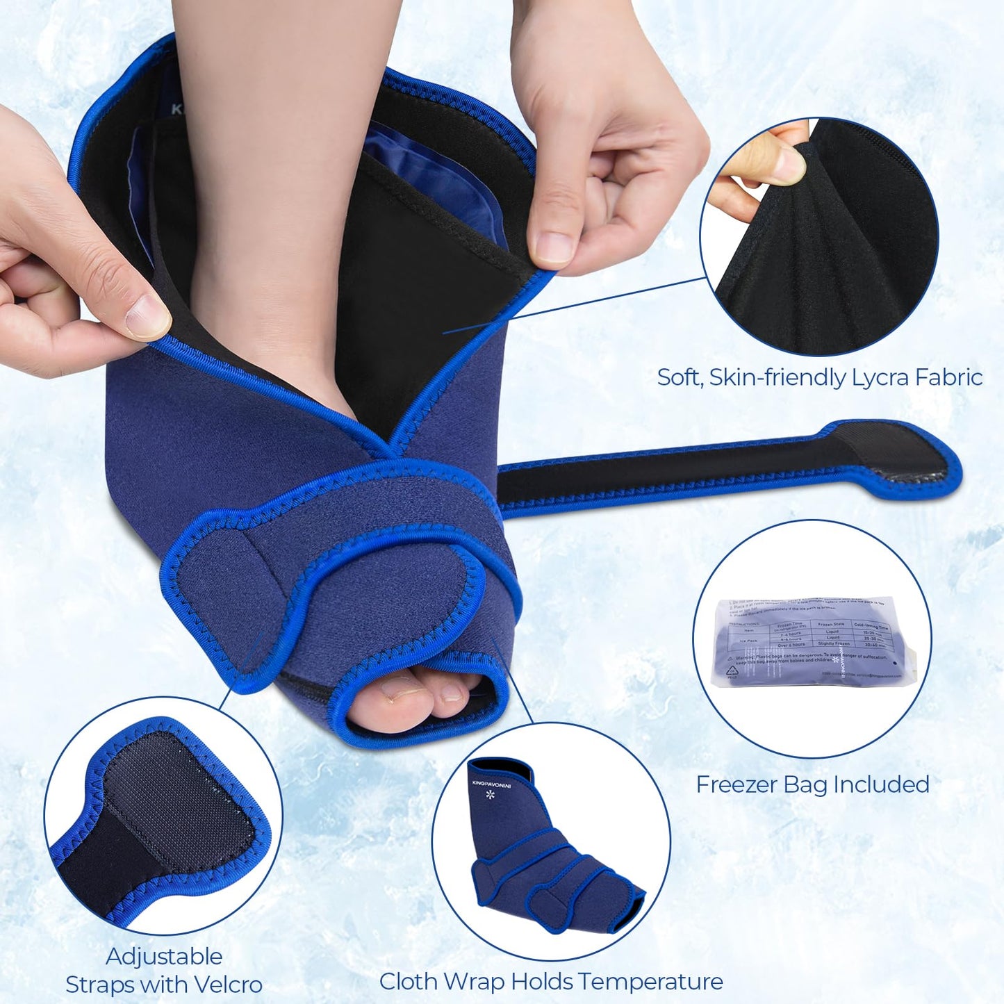 KingPavonini Ankle Foot Ice Pack Wrap for Sprained Ankle/Surgery Recovery, Reusable Gel Ice Packs for Feet Injuries, Plantar Fasciitis, Achilles Tendonitis, Hot/Cold Therapy, XL (1 Wrap+4 Gel Packs)