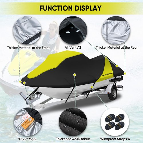 NEVERLAND Waterproof Jet Ski Cover - Compatible with Yamaha Seadoo Kawasaki, Jetski Covers 2 3 Seater UV Resistant 420D Heavy Duty Jetski Cover with 2 Air Vents Personal Watercraft Cover 120" to 135"