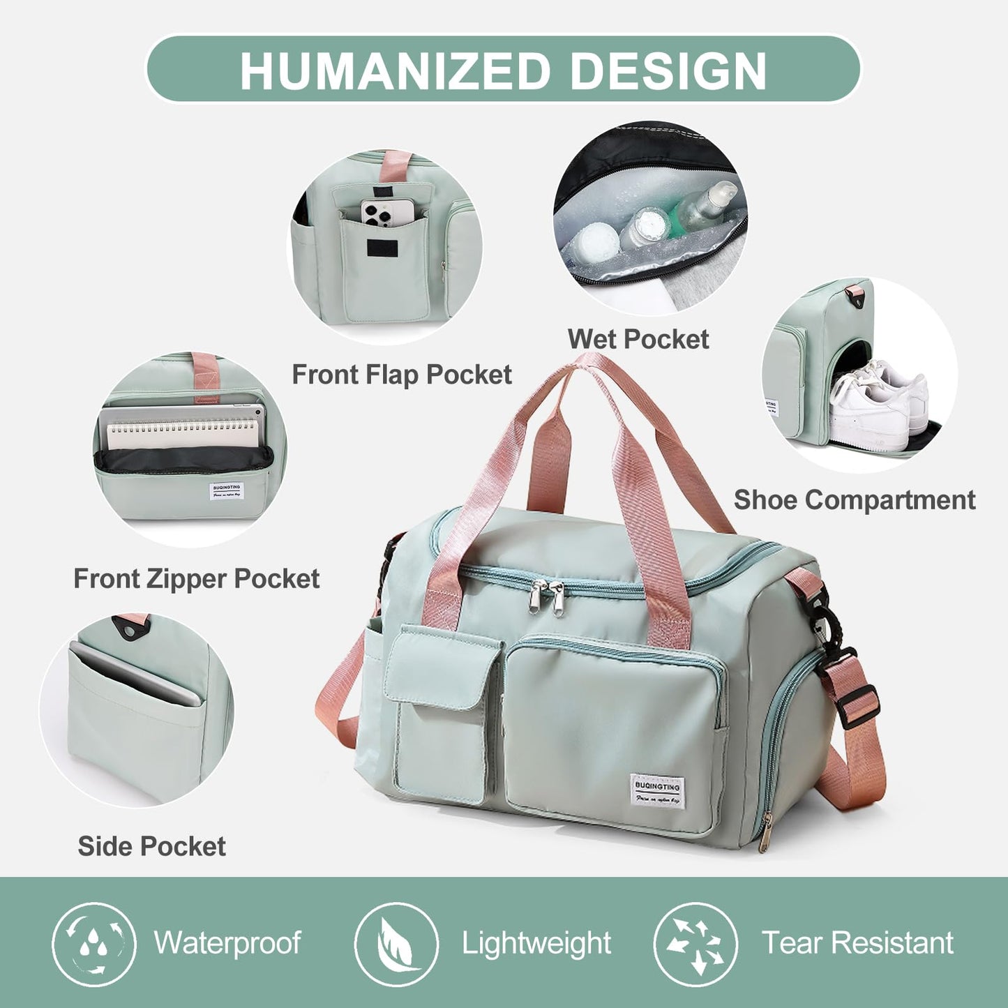 Pink Gym Bag for Women, Waterproof Travel Duffle Bag Carry On Weekender Bag with Shoe Compartment & Wet Pocket, Gym Tote Bag for Travel, Workout, Sport