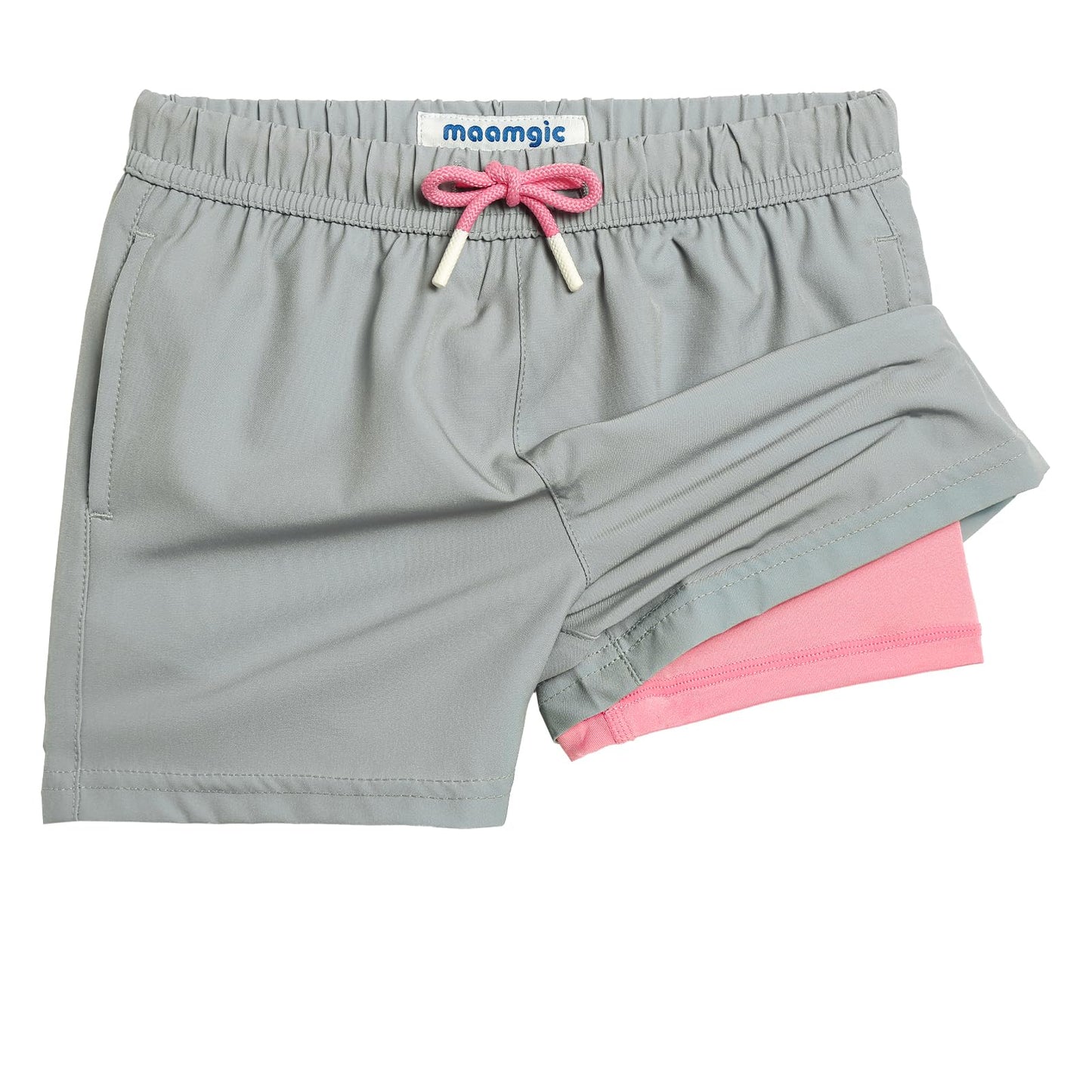 maamgic Boys Swim Trunks with Compression Liner 4-Way Stretch Quick Dry Swim Shorts Swimming Trunks Toddler Boy Gray Pink 5-6 Years