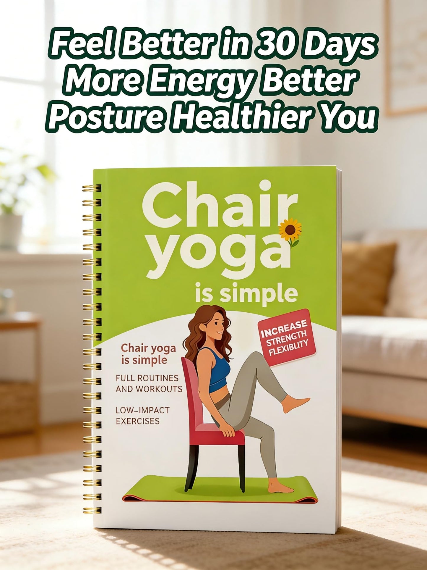 30-Day Chair Yoga Guide Book for Beginners, 60 Pages Workouts for Weight Loss & Flexibility, Spiral Bound Senior Exercise Fitness Planners (5.5x8.3 Inch, Green)