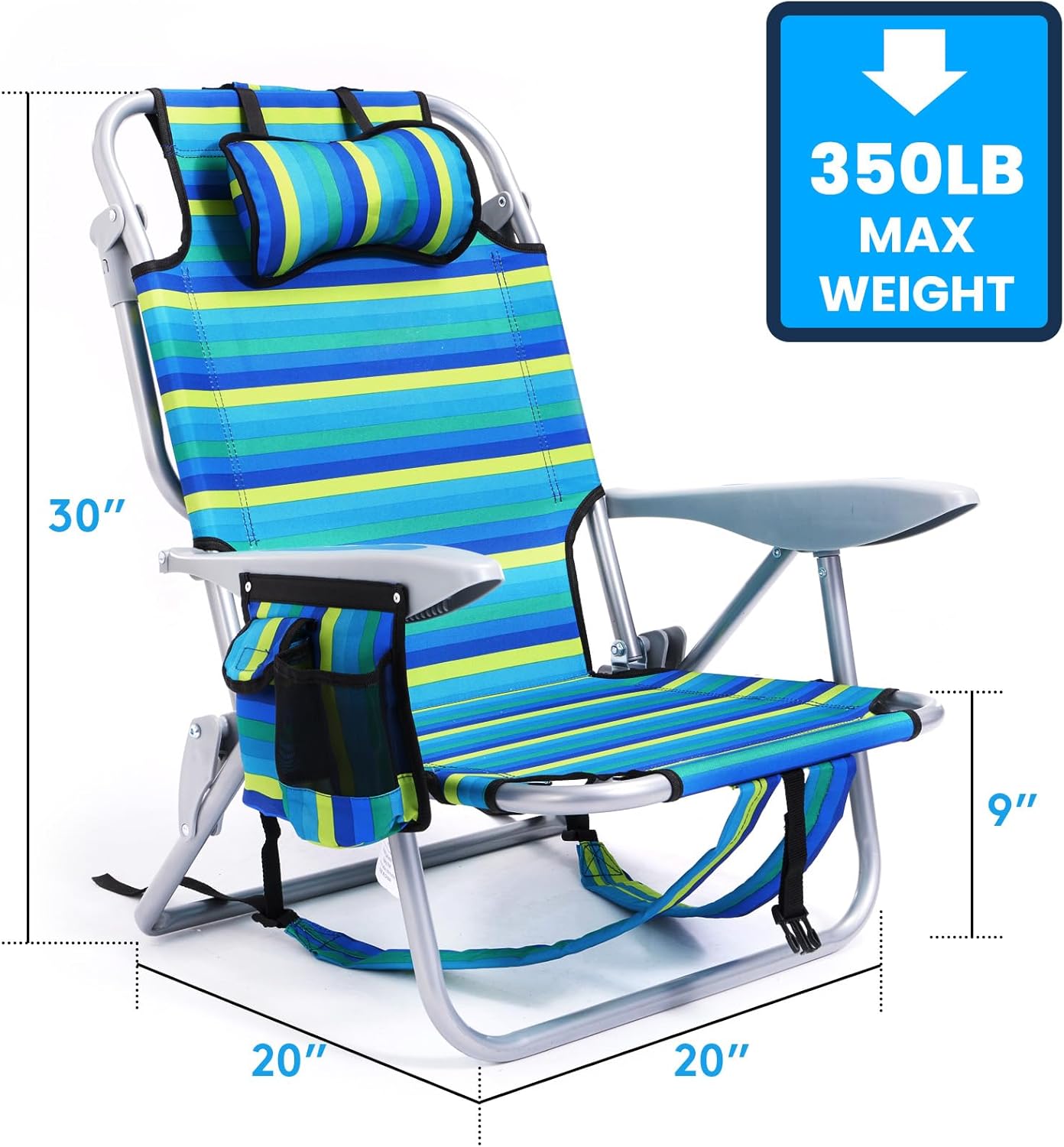 2 Pack Lightweight Portable Camping Beach Chair for Adults, Outdoor Lay Flat Folding Beach Chairs with 5 Positions, Backpack Beach Chair with Towel Bar, Zipper Pouch, Cup Holder, Ocean Striped