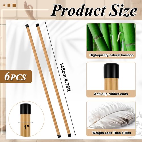 Hiboom 6 Pcs 5ft Yoga Stick Natural Bamboo Exercise Stick with Non-Slip Rubber Ends Stretching Tool Posture Corrector Stretch Tool for Flexibility, Workout, Balance Fitness(57 Inch)