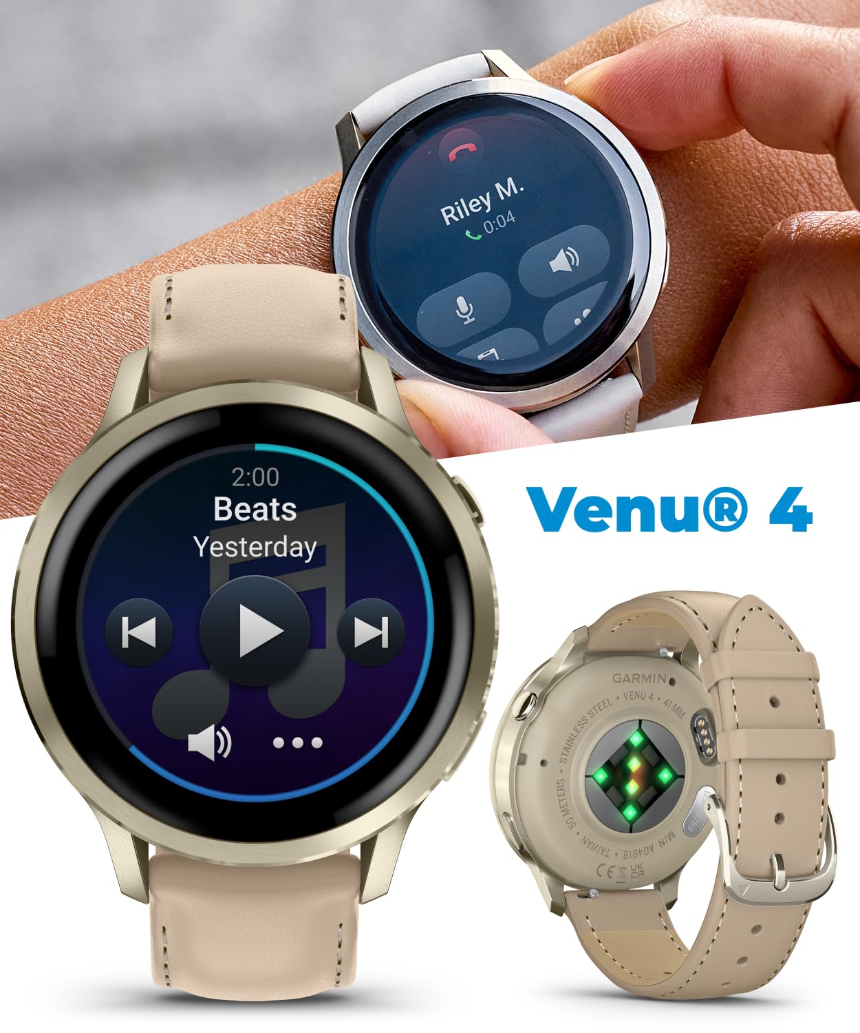 Garmin Venu 4 41mm AMOLED Advanced Health & Fitness GPS Smartwatch, Colorful Display, Built-in Flashlight, Lunar Gold w/Bone Silicone & Light Sand Leather Bands w/Wearable4U PowerBank Bundle