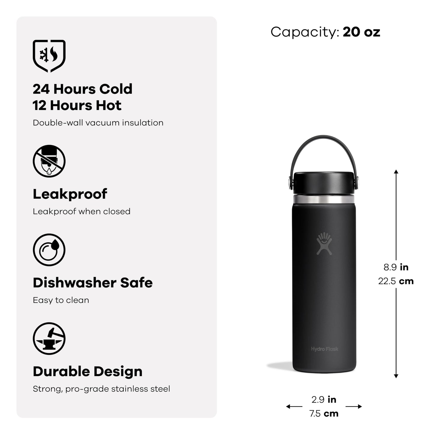 Hydro Flask Water Bottle - Insulated Stainless Steel - Wide Mouth Flex Lid, Non Spill, Leakproof and Refillable in 20 Oz Tonal Black