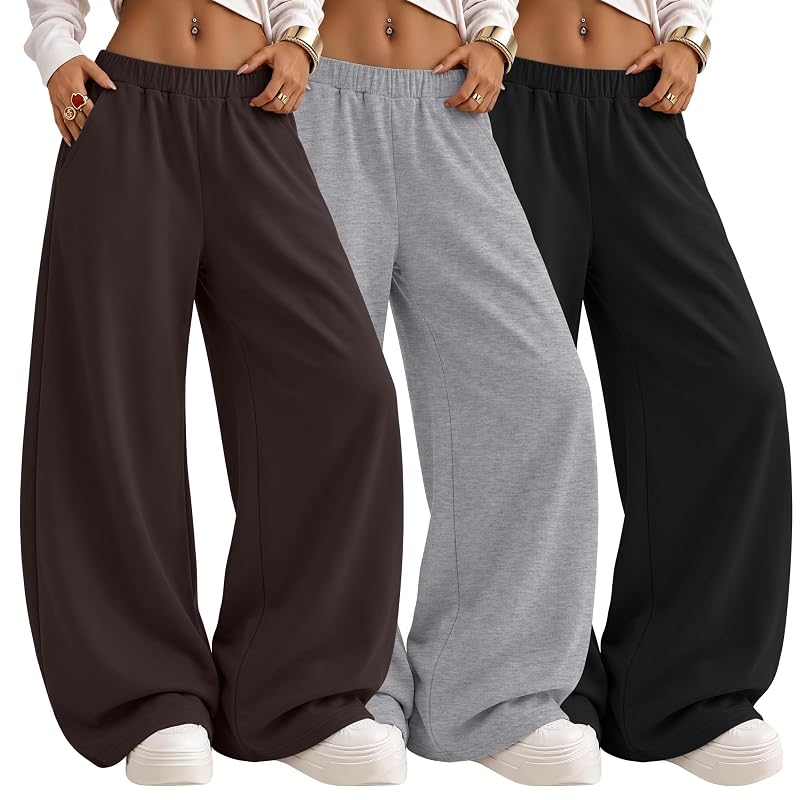 Huukeay 3 Pack Women's Barrel Sweatpants - Black, Light Gray Mixed, Dark Brown | Elastic Waist, Pockets