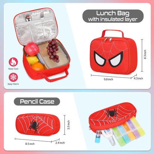 Jafeton School Backpack for Boys, 3 PCS Spider Boy Backpack Set with Lunch Box & Pencil Pouch, Waterproof Schoolbag for Boys Kids Children Teens, Elementary Middle School, Kids Bookbag Casual Daypack