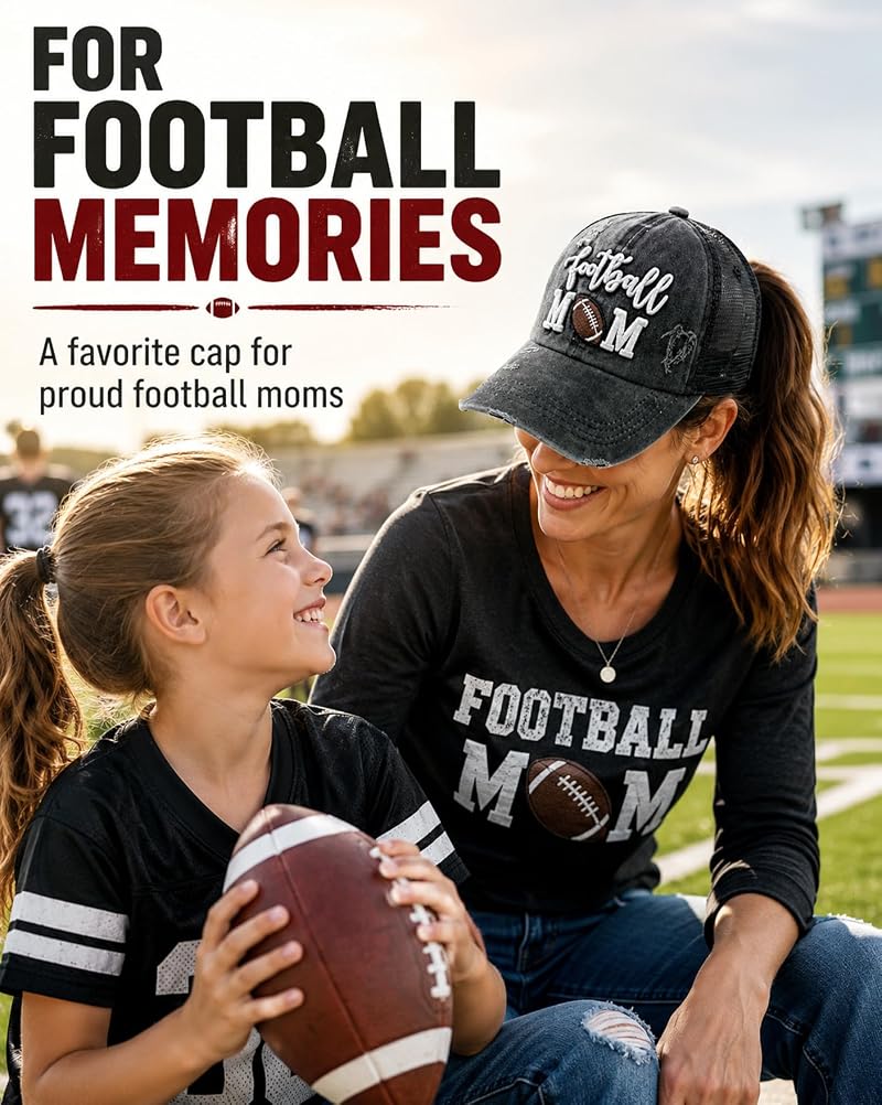 Football Mom Distressed Ponytail Trucker Hat for Women - Black
