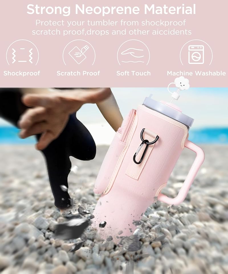 Dabria Pink 40 oz Stanley Water Bottle Holder with Strap & Straw Cover — Neoprene Pouch