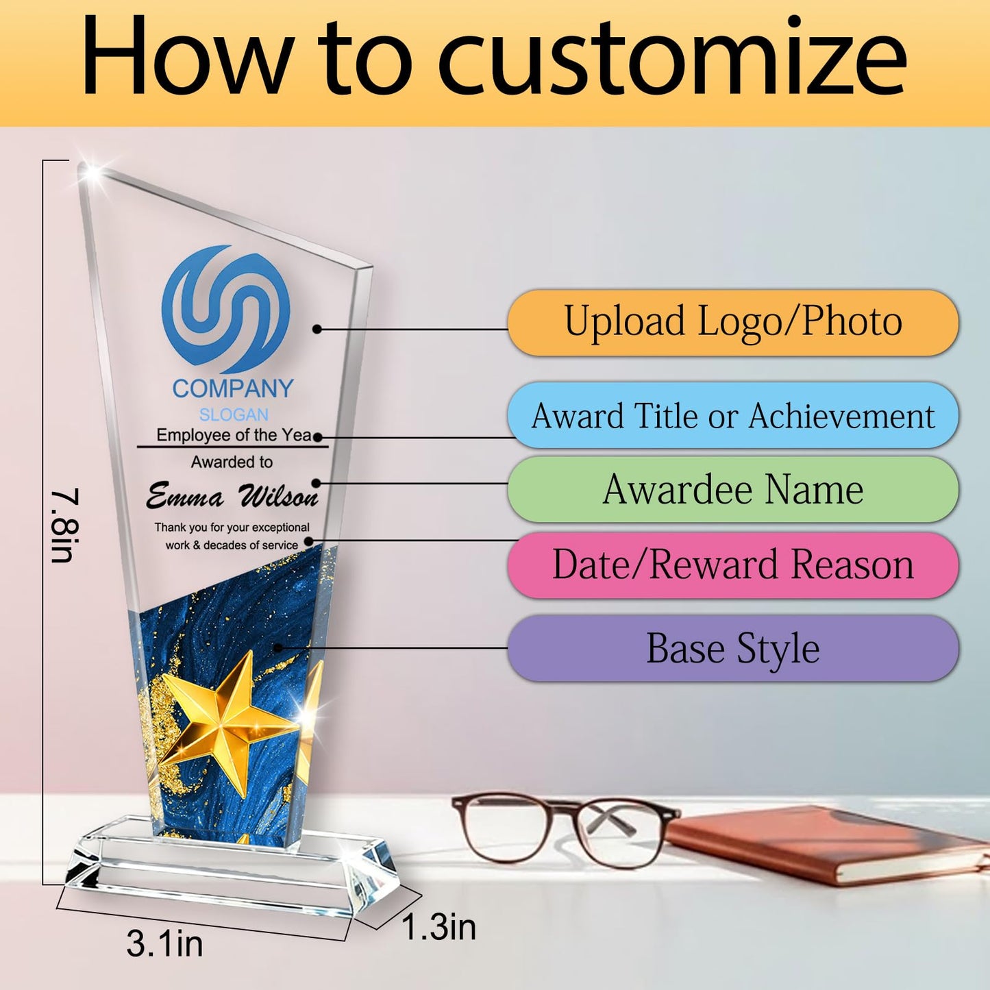 Xihedfd Personalized Crystal Trophy Trophy Award with Text Logo Photo for Employee Appreciation Team Sports Achievements Customized Office Decor Gifts for Men Women