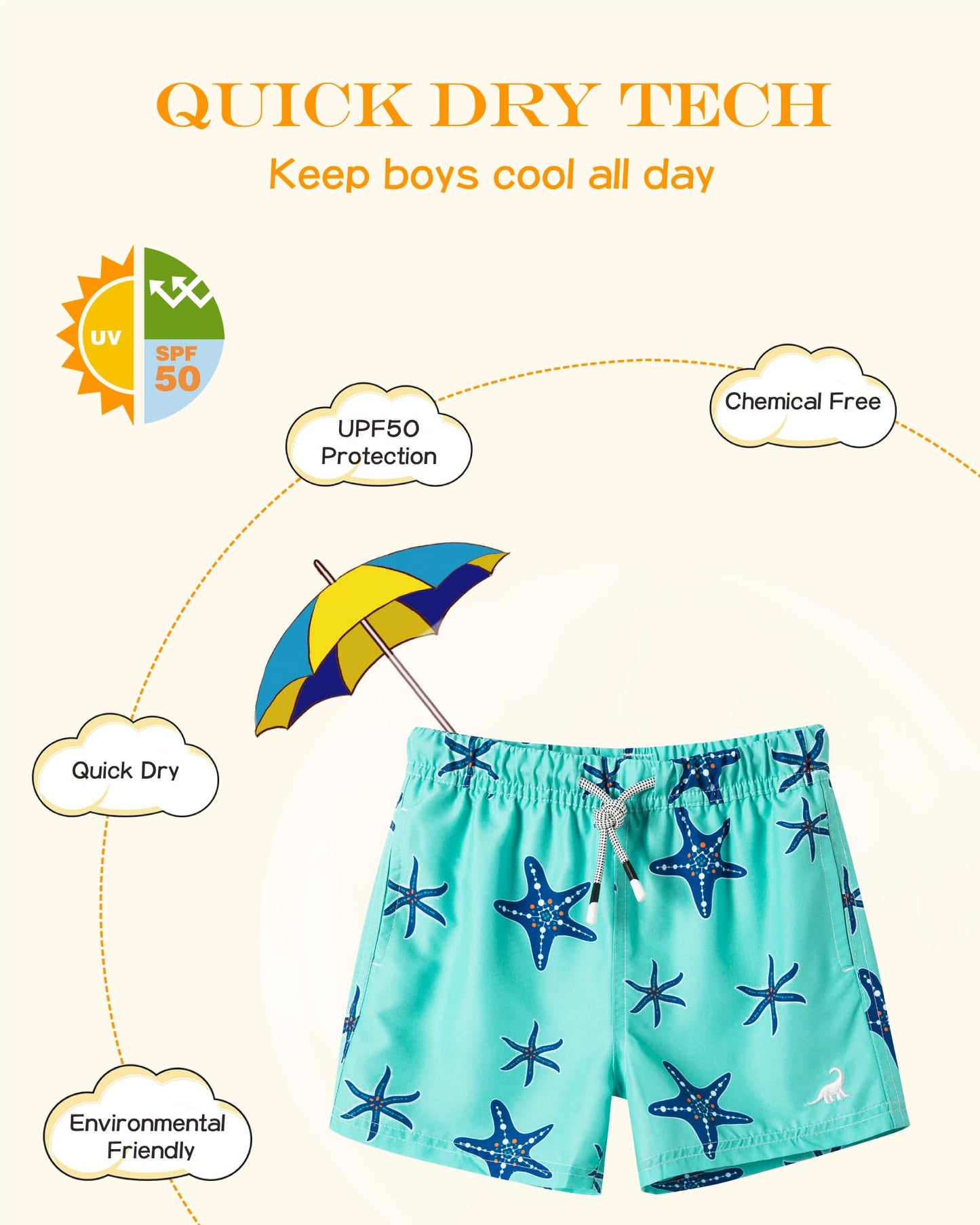 SURF CUZ Little Boys Swim Trunks UPF 50+ Toddler Beach Shorts Swimsuit Kids Quick Dry Swimwear(Starfish, 7)