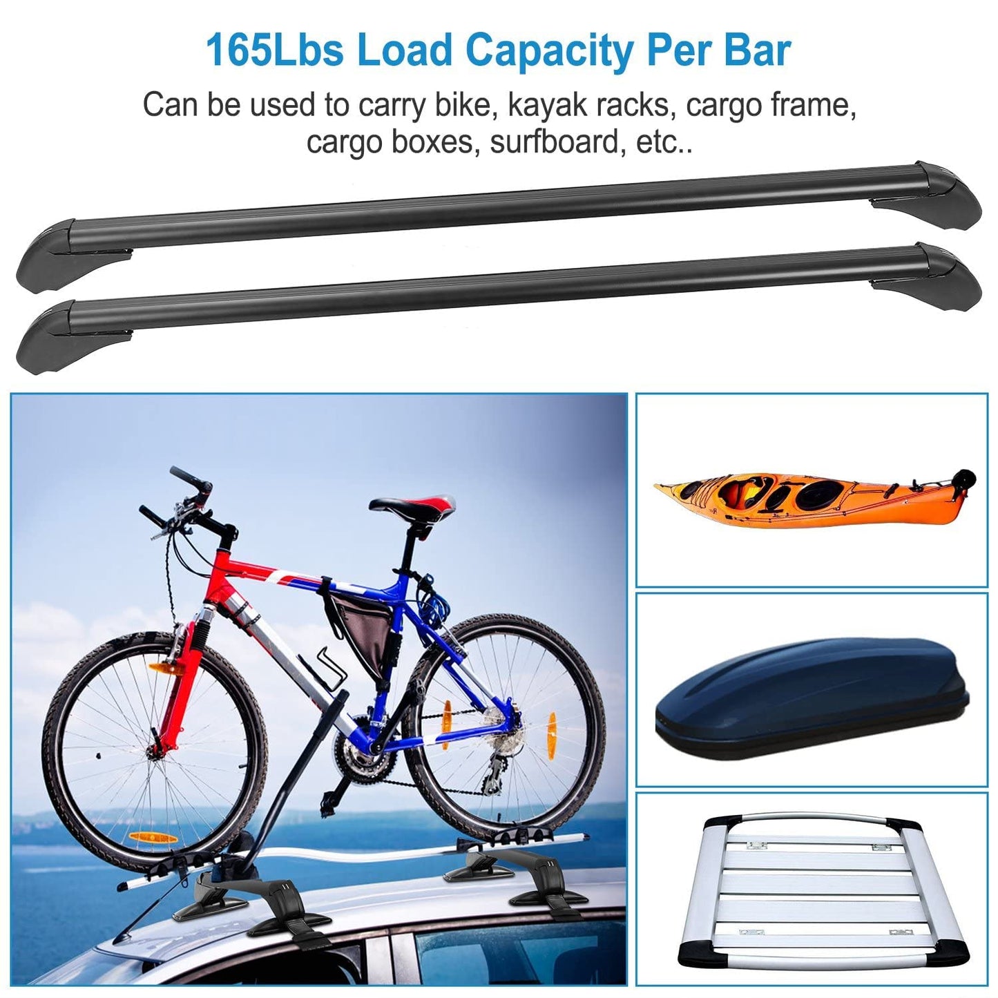 TeqHome Universal Roof Rack Cross Bars, 43-inch Aluminum Lockable Car Top Crossbars with Anti-Theft Lock, Adjustable Window Frame for Bare Roof Kayak Bike Rooftop Cargo Carrier Luggage 165 LBS Load