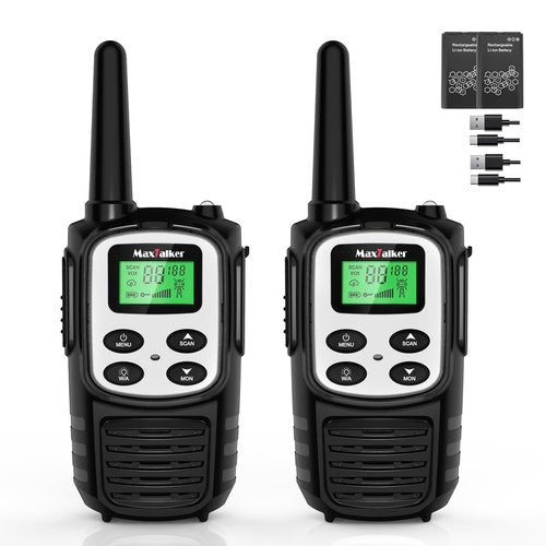 MaxTalker Walkie Talkies Long Range for Adult, MT10 Rechargeable Walkie Talkies FRS Two Way Radio, NOAA, 1200mAh Li-ion Battery USB-C Cable, LED Flashlight,VOX Walkie Talkie for Camping 2Pack (Silver)