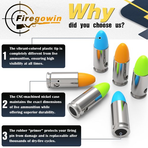FIREGOWIN Pro 9mm Dummy Rounds – Training Snap Caps, Reusable Dry Fire Training Round with Rubber Primers (Green 20-Pack)